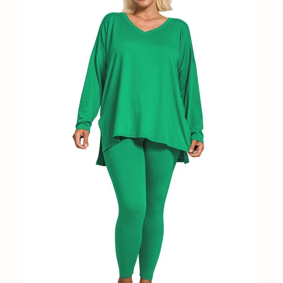 V‑Neck Long‑Sleeve Loungewear Leggings Set – Buttery Soft Brushed DTY Microfiber - Picture 2 of 7